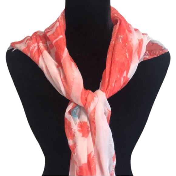 Coral and White Floral print Square Scarf - Picture 5 of 6